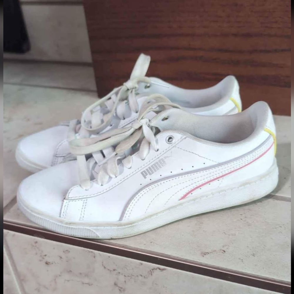 Puma White Sneakers with Pink and Yellow Accents